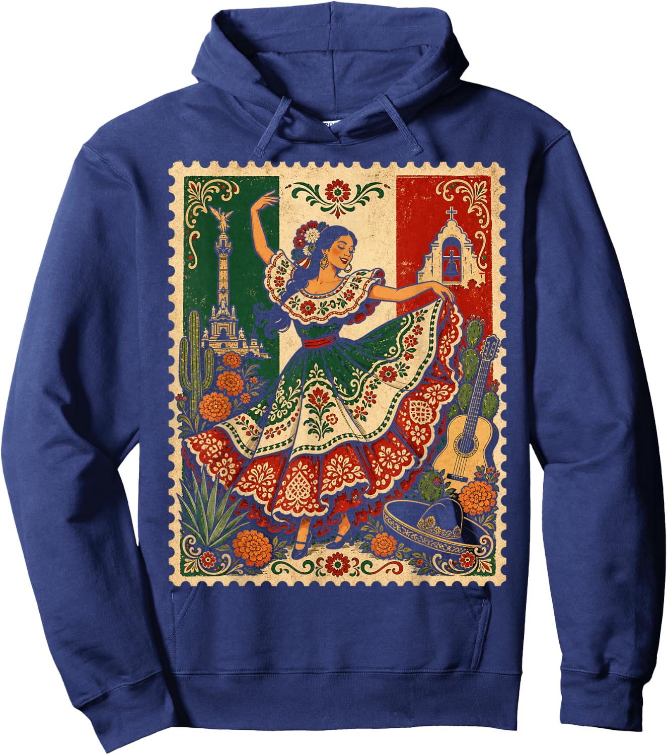 Mexican Folk Dance Baile Folklorico Vintage Stamp Art Hoodie - Hoodie | Navy