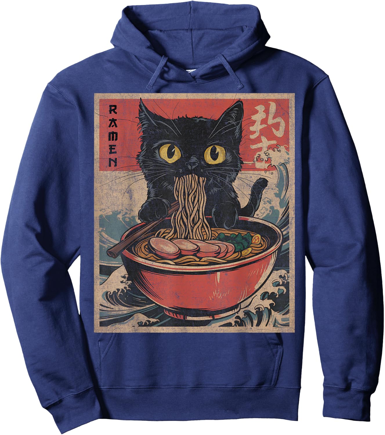cat eating ramen shirt Japanese Funny Graphic Kawaii Noodles Hoodie - Hoodie | Navy