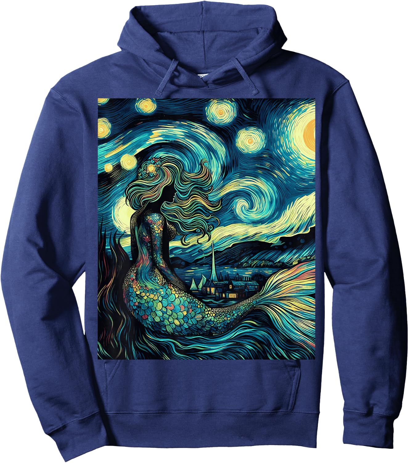 Mermaid Under Starry Night Sky Art Graphic Christmas Hoodie - Hoodie | Navy