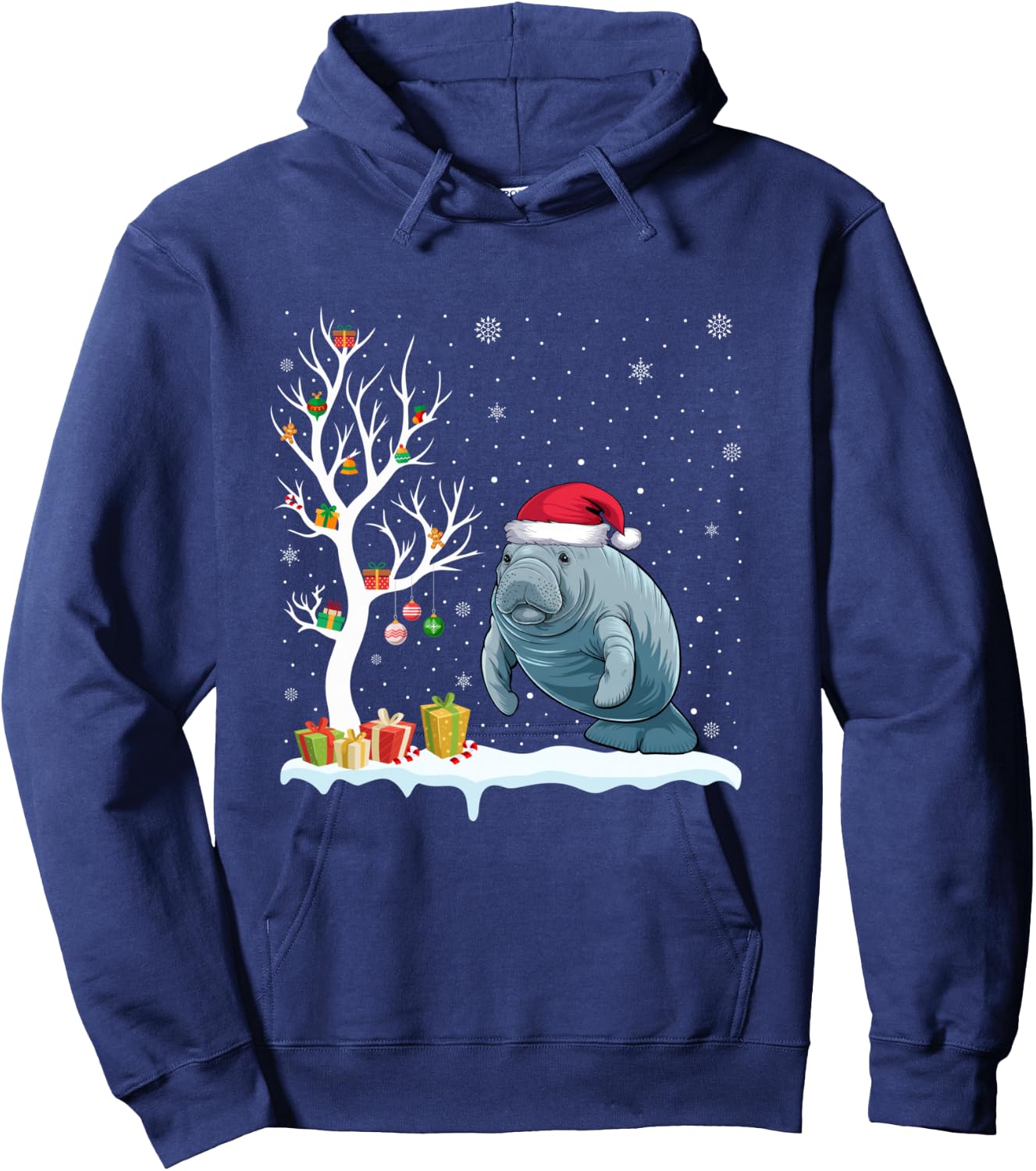Manatee Santa Hat Festive Tree Light Christmas Pajama Hoodie - Hoodie | Navy