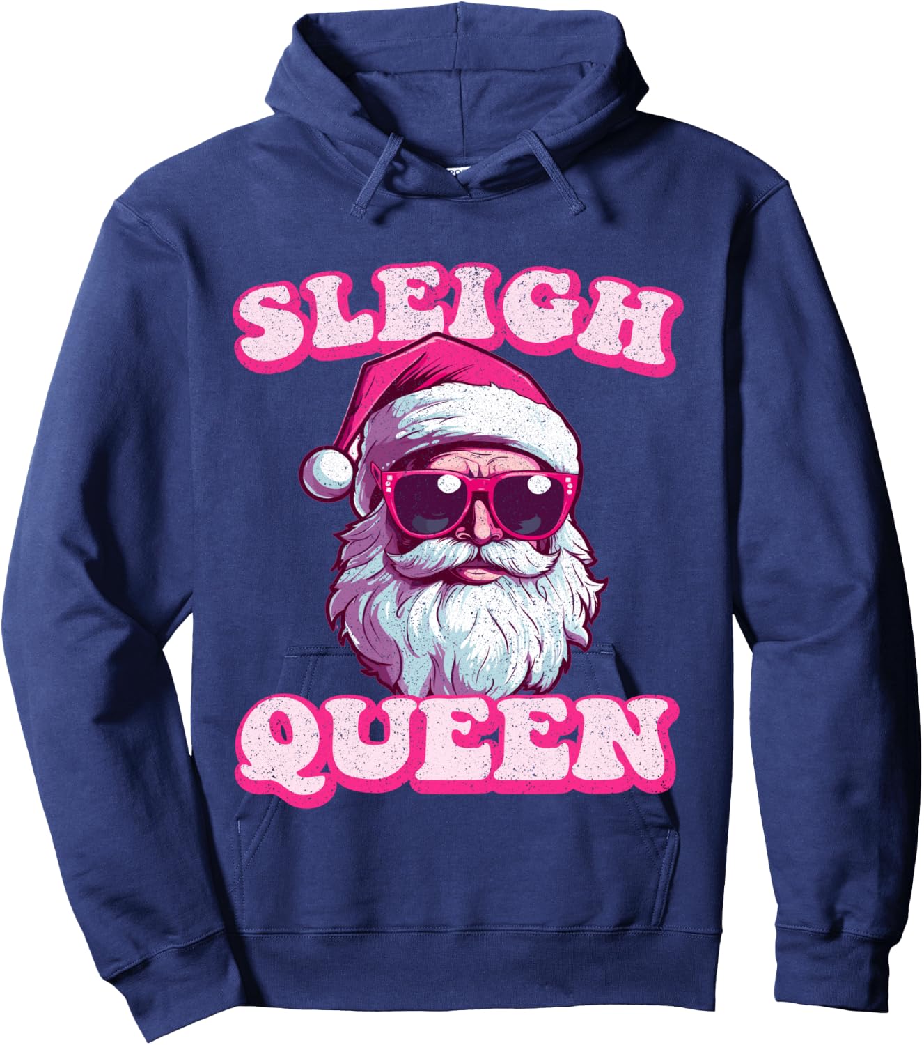 Groovy Retro Christmas Funny Pink Santa Sleigh Queen Hoodie - Hoodie | Navy
