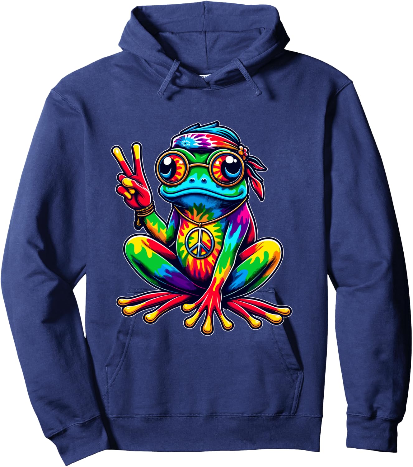 Hippie Tie-Dye Frog, 60s Party & 70s Costume, Peace Sign Shirt, black Hoodie - Hoodie | Navy