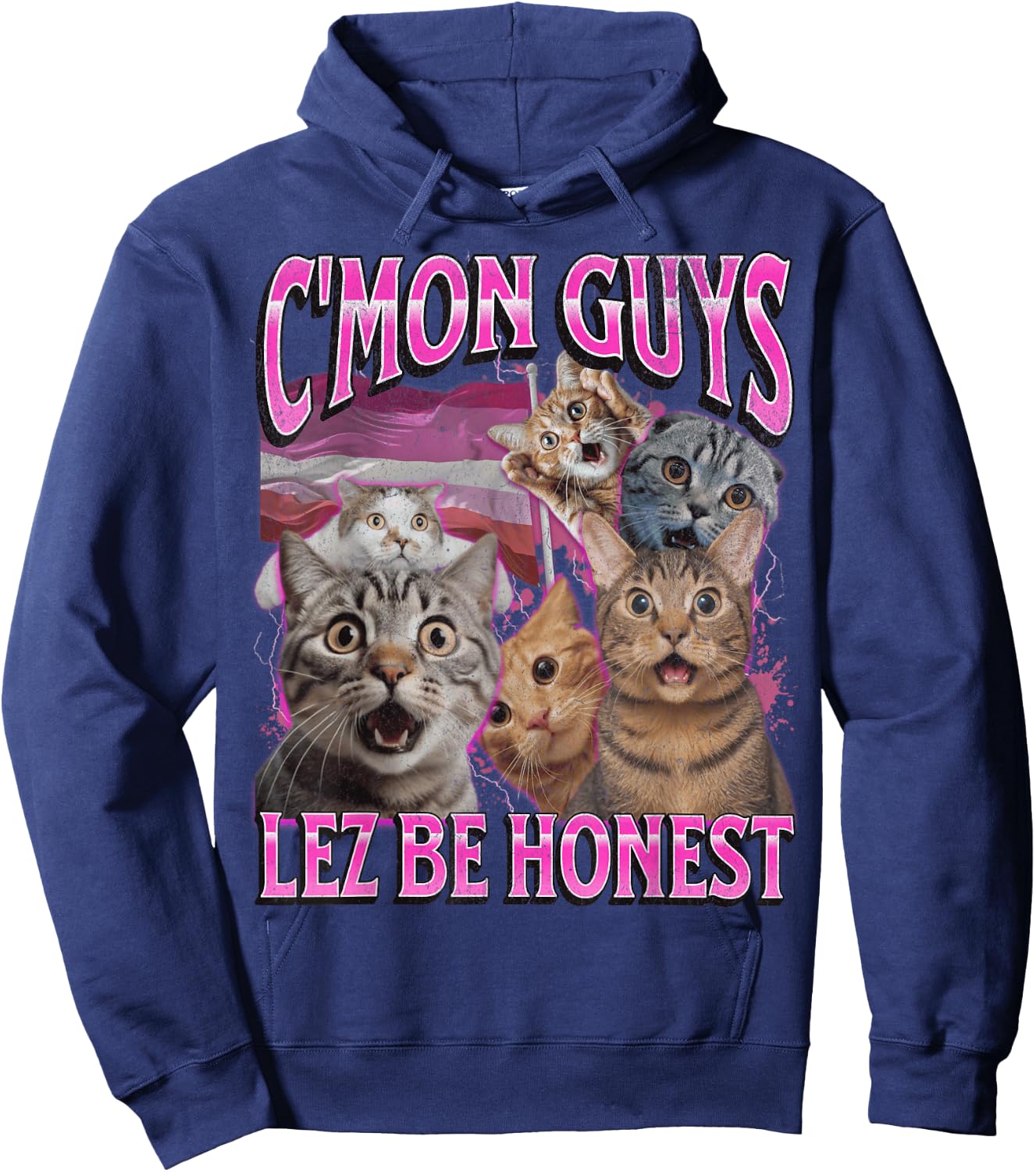 Lez Be Honest Funny Lesbian Cat Gay Pride LGBTQ Pun Bootleg Hoodie - Hoodie | Navy