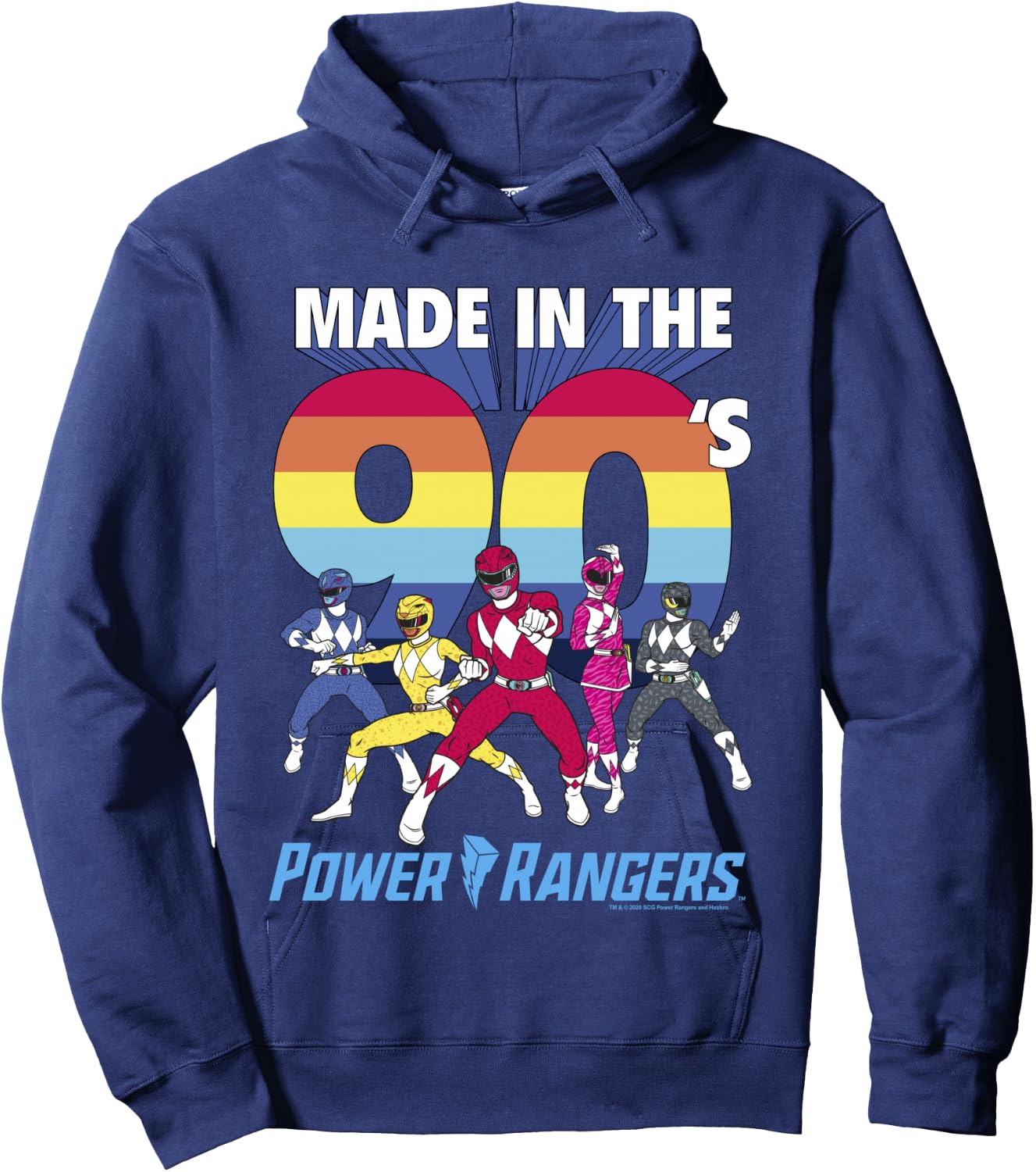 Power Rangers Made In The 90's Retro Rainbow Stripe Logo Hoodie - Hoodie | Navy