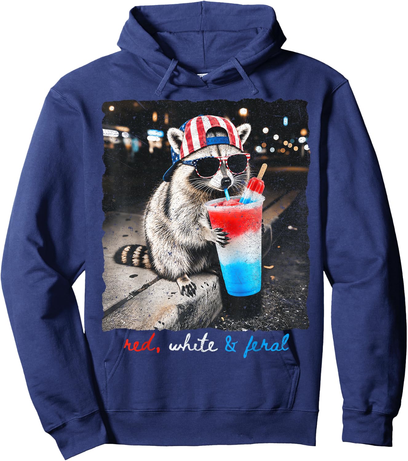 Red White & Feral Funny Raccoon Slushie Popsicle 4th July Hoodie - Hoodie | Navy