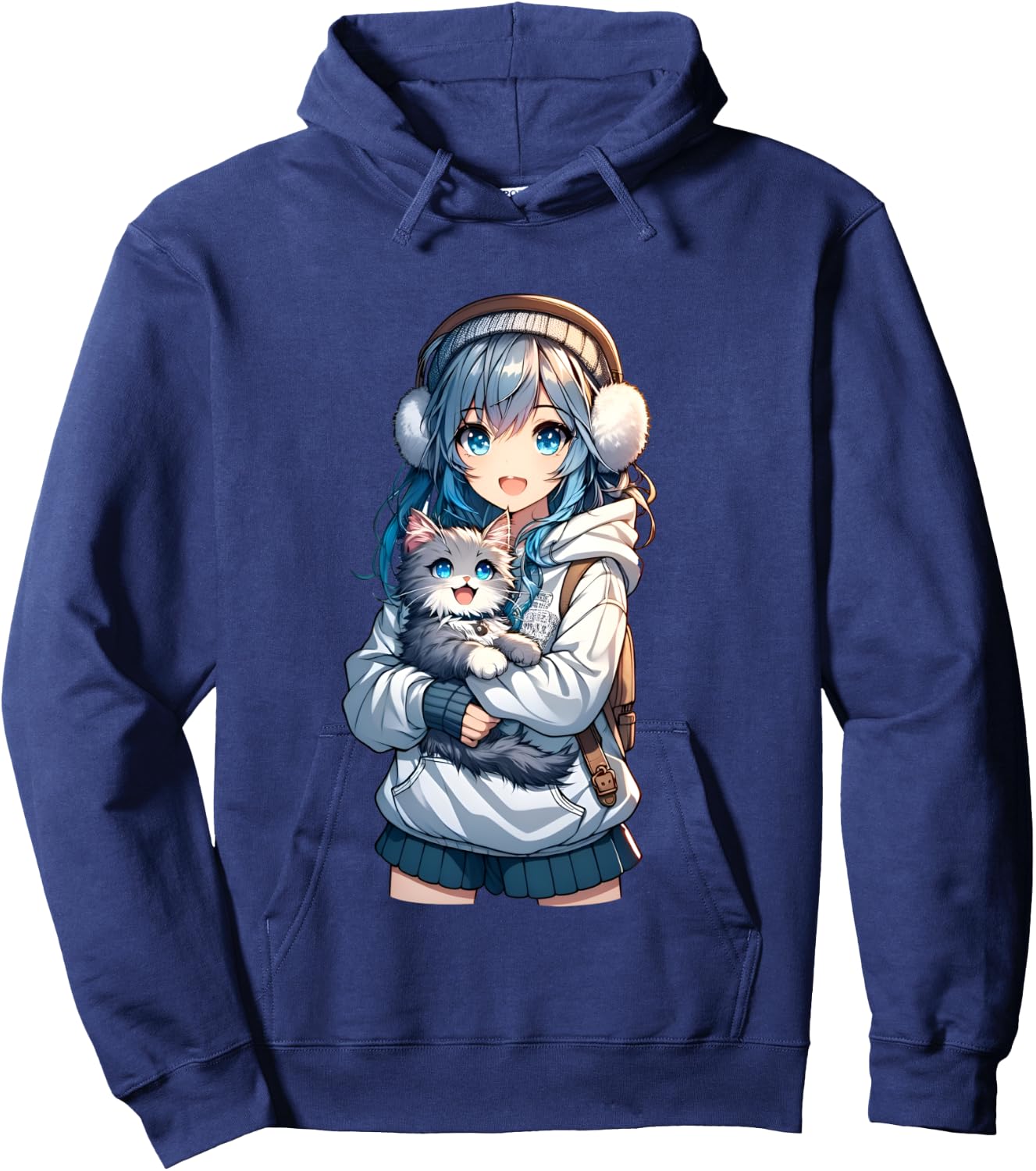 Cute Anime Girl with Cat for Cat Lover Kawaii Otaku Manga , Black, S Hoodie - Hoodie | Navy