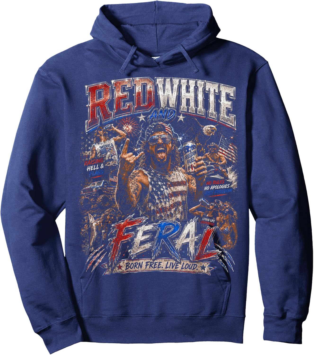 Red White and Feral Freedom US Flag American Bootleg Hoodie - Hoodie | Navy