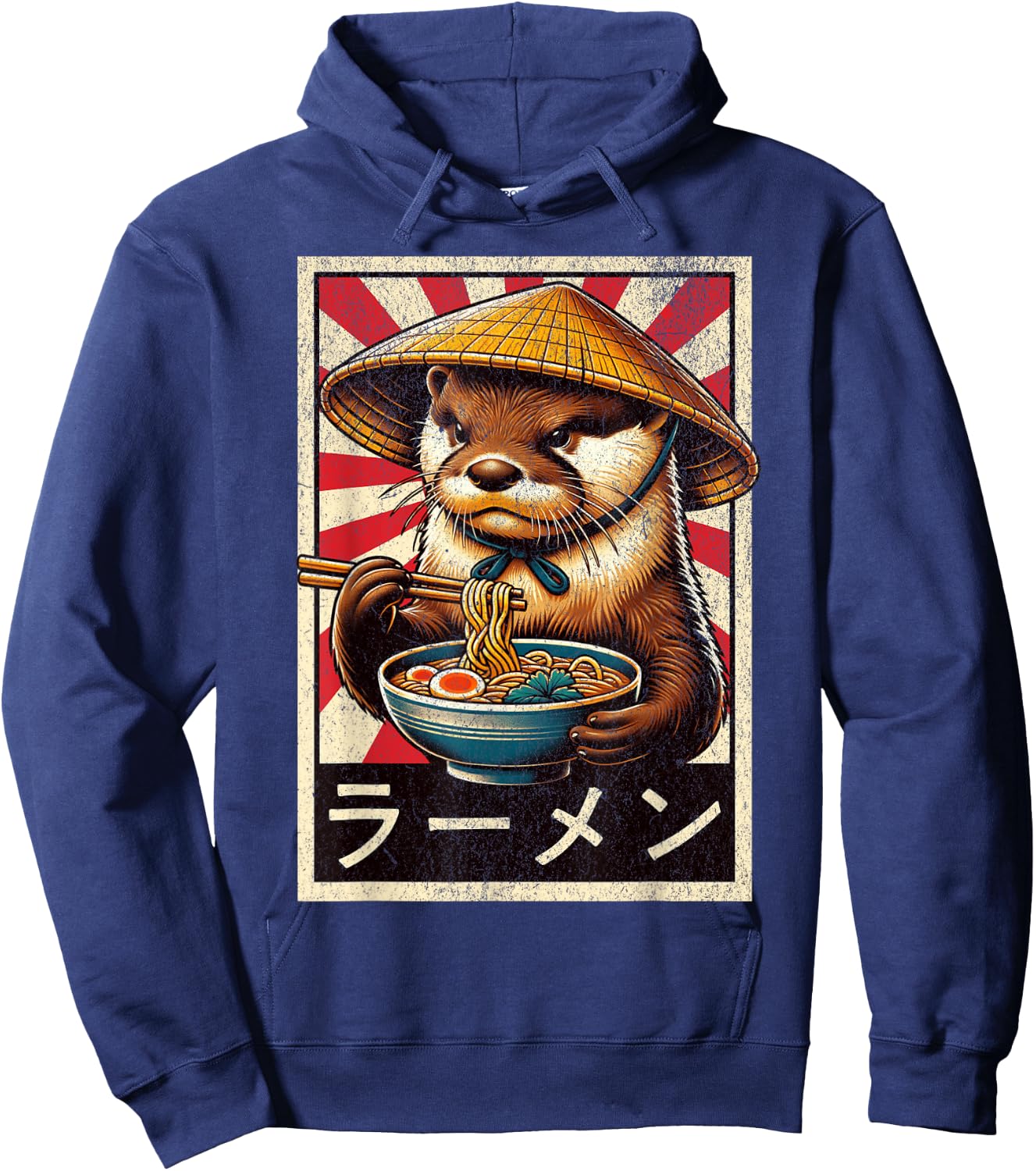Vintage Otter Eating Ramen. Funny Anime Otter Ramen Lover Hoodie - Hoodie | Navy
