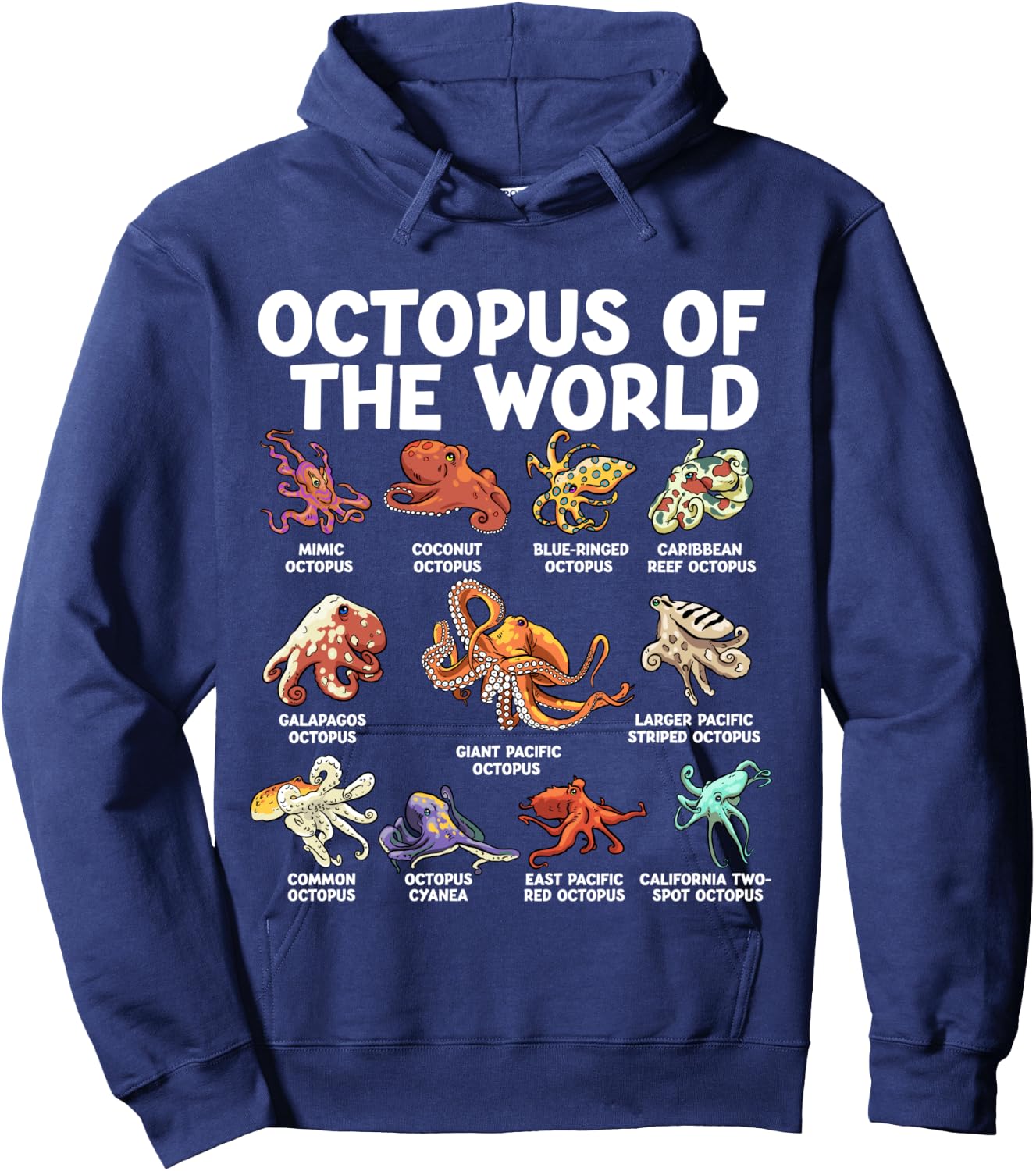 Octopus Of The World Kawaii Types Of Octopus Sea Animal Hoodie - Hoodie | Navy