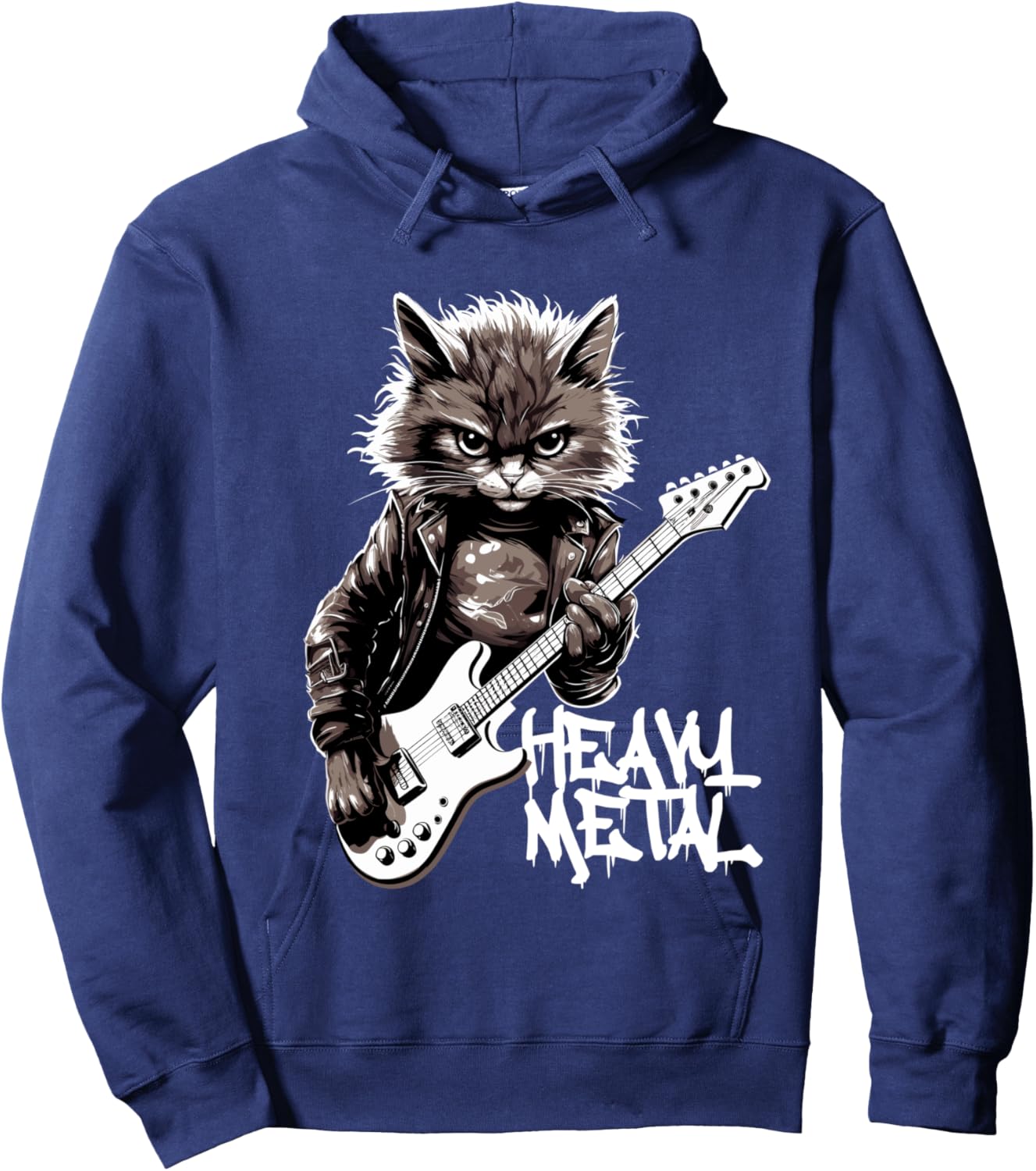 Cat Playing Guitar Heavy Metal Rock Cat Funny Guitarist Long Handle Hoodie - Hoodie | Navy