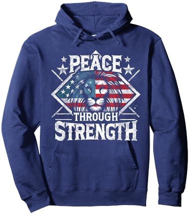 CharlIan Minds - USA Flag Peace Through Strength Lion Patriot -Adults Black Short Sleeve Modern Novelty Graphic Hoodie - Hoodie | Navy