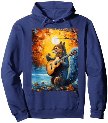 Van Gogh Starry Night Squirrel Playing Guitar Squirrel Lover Hoodie - Hoodie | Navy