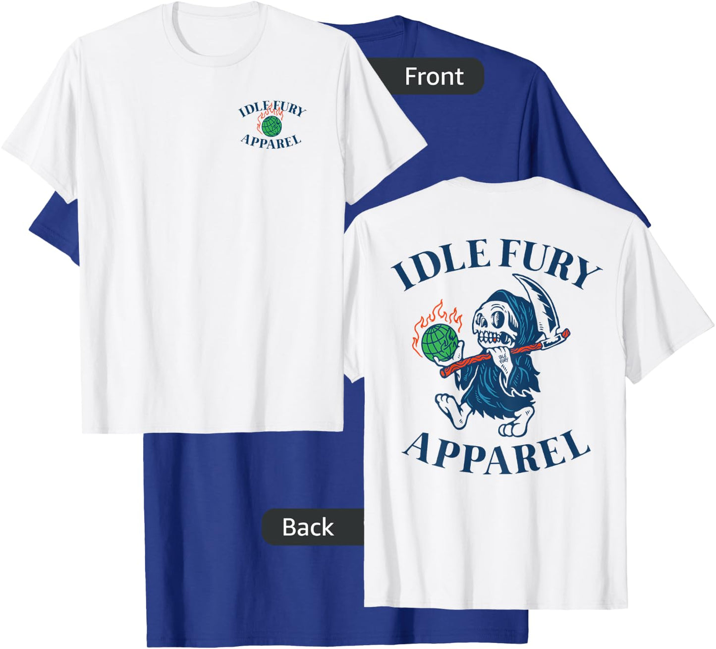 VIEW BACK PRINT Idle Fury Globe Reaper Skeleton Mascot Earth T-Shirt - T-Shirt | Royal