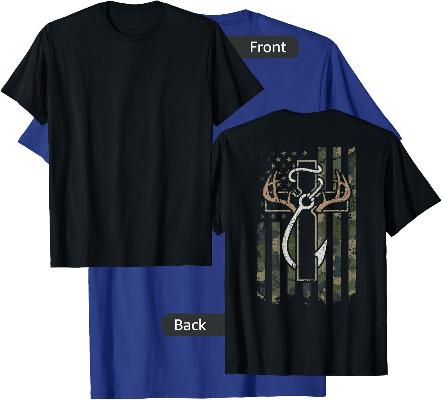 Hunting Fishing Faith - Hunter Fisherman Camo USA - ON Back T-Shirt - T-Shirt | Royal