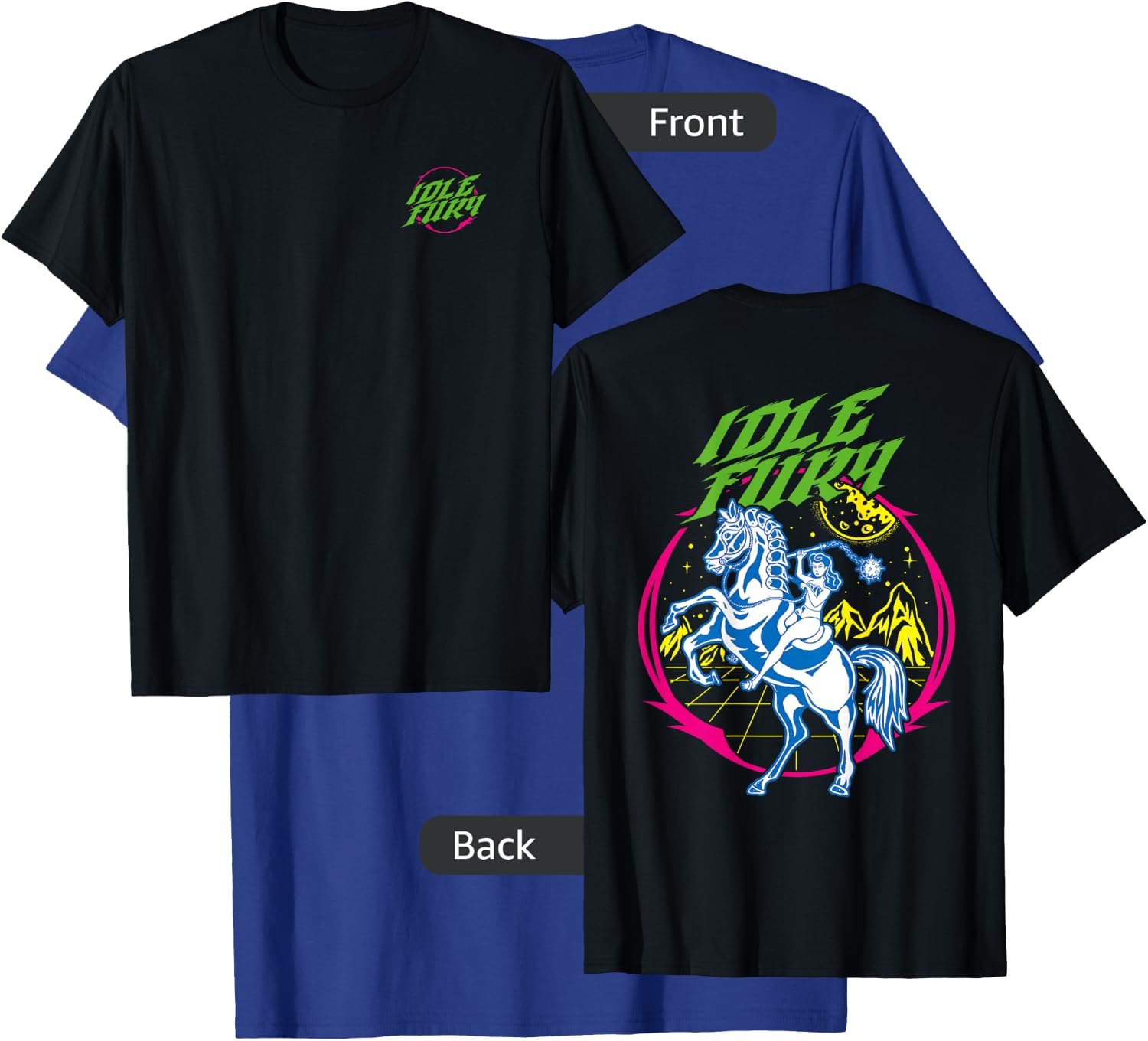 VIEW BACK PRINT Idle Fury Cyber Warrior Woman Battle Horse T-Shirt - T-Shirt | Royal