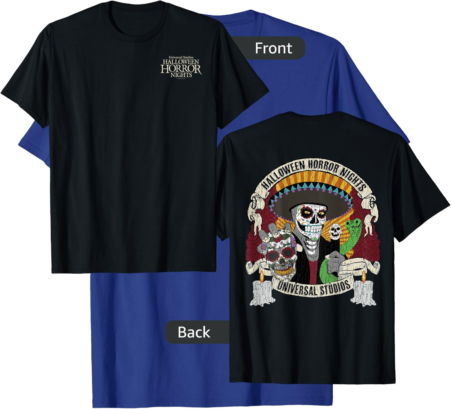 Halloween Horror Nights HHN Dia De Los Muertos Front & Back T-Shirt - T-Shirt | Royal