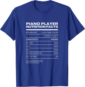 Piano Player Nutrition Facts Pianist Keyboards T-Shirt - T-Shirt | Royal