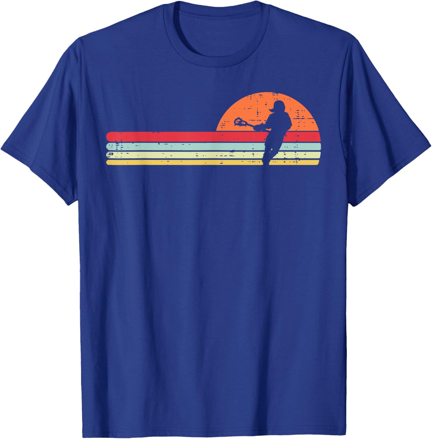 Lacrosse Player Silhouette Sunset Retro Lax Men Women Kids T-Shirt - T-Shirt | Royal