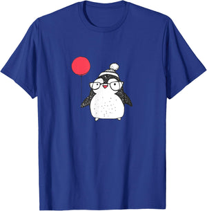 Kids Cute Christmas Baby Penguin Red Balloon Eyeglasses T-Shirt - T-Shirt | Royal