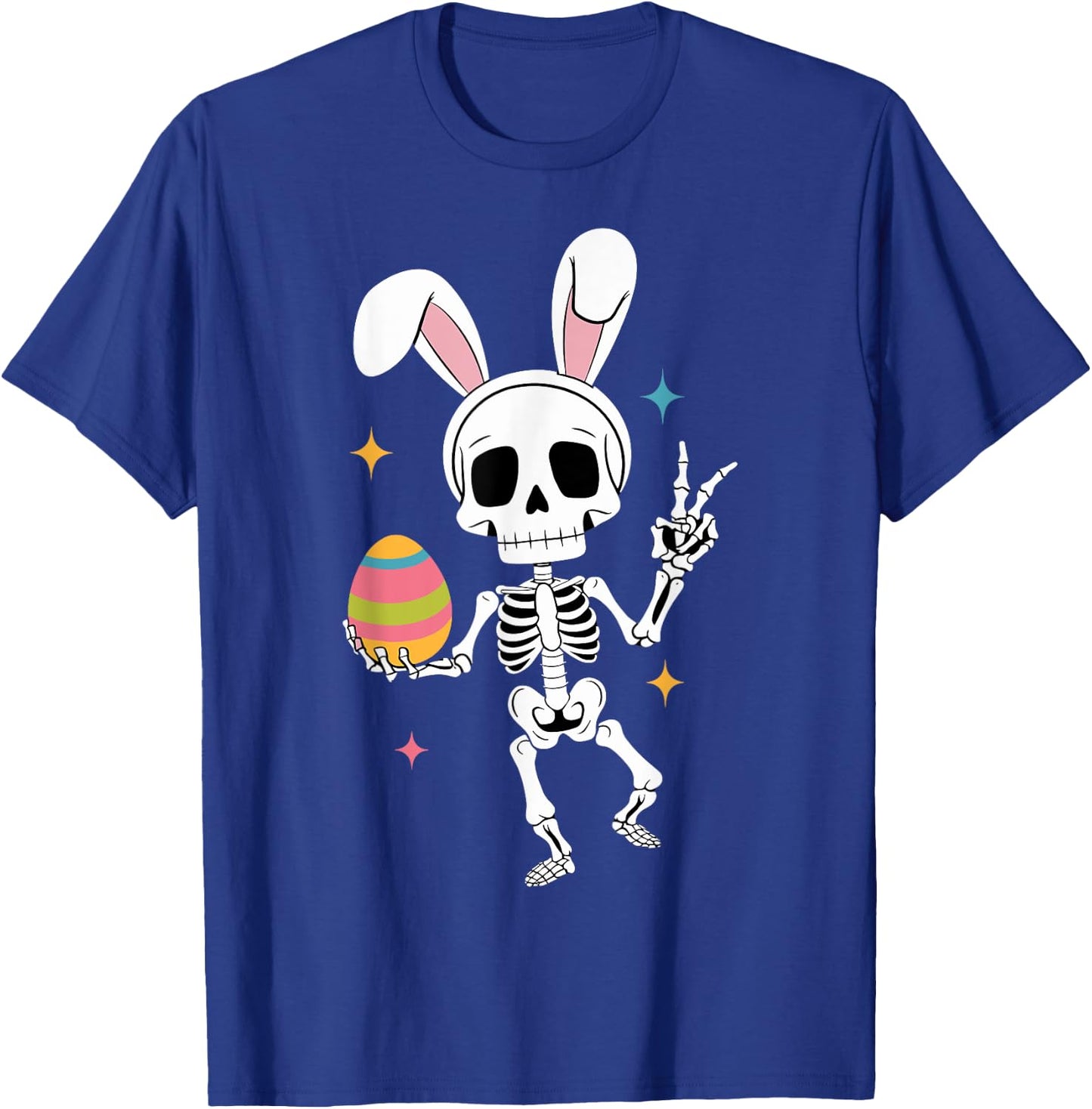 Funny Easter Skeleton Bunny Ears Holding Egg Peace Sign T-Shirt - T-Shirt | Royal
