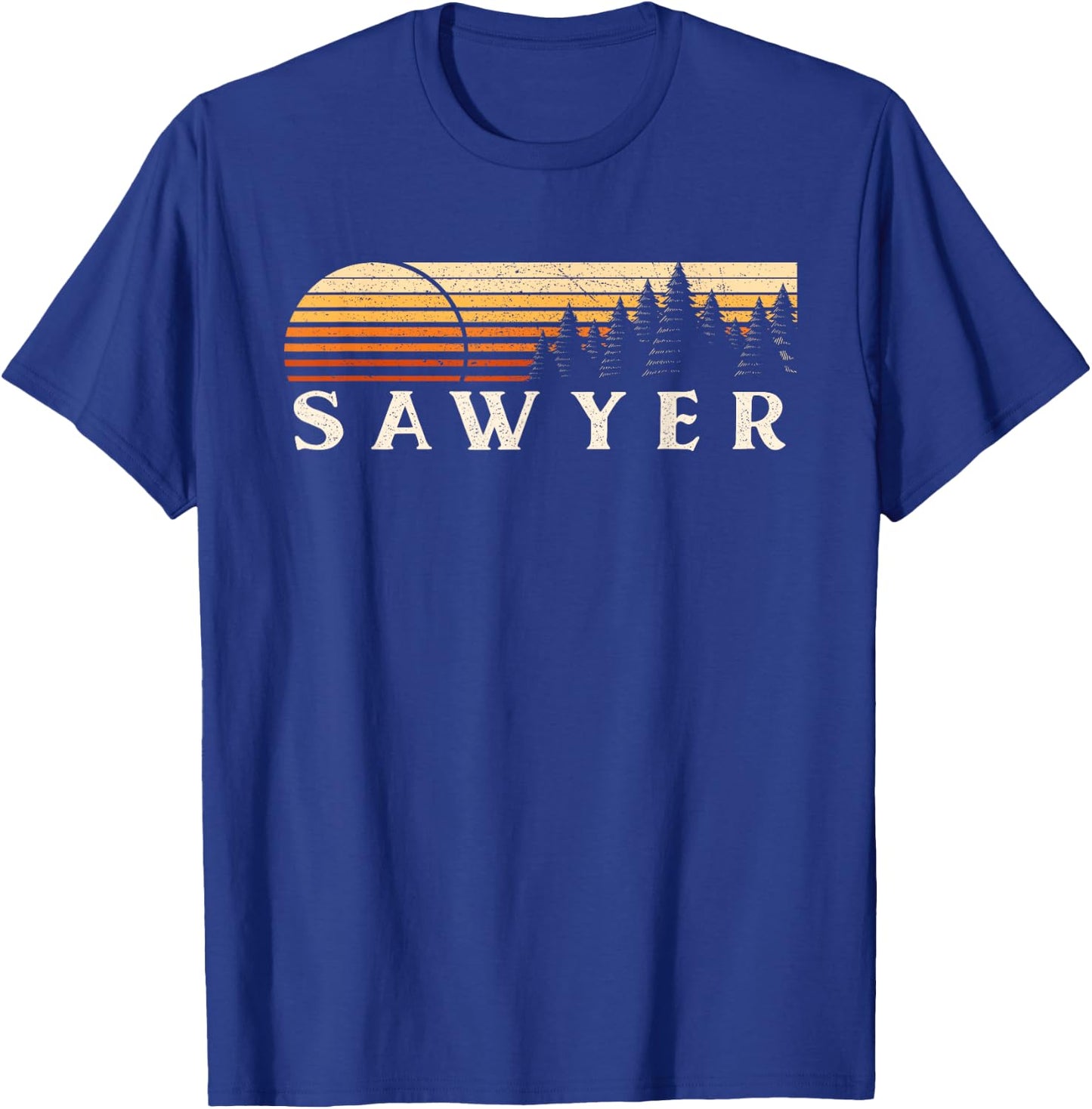 Sawyer, MI Vintage Evergreen Sunset Eighties Retro T-Shirt - T-Shirt | Royal