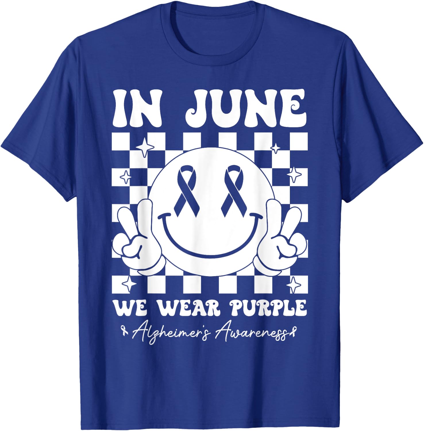 In June We Wear Purple Alzheimer's Awareness Groovy Smile T-Shirt - T-Shirt | Royal