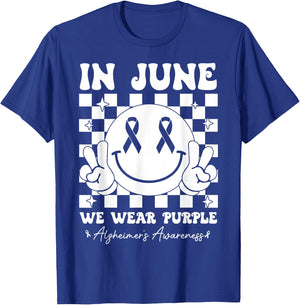 In June We Wear Purple Alzheimer's Awareness Groovy Smile T-Shirt - T-Shirt | Royal