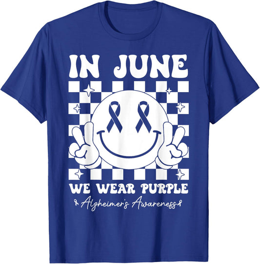 In June We Wear Purple Alzheimer's Awareness Groovy Smile T-Shirt - T-Shirt | Royal