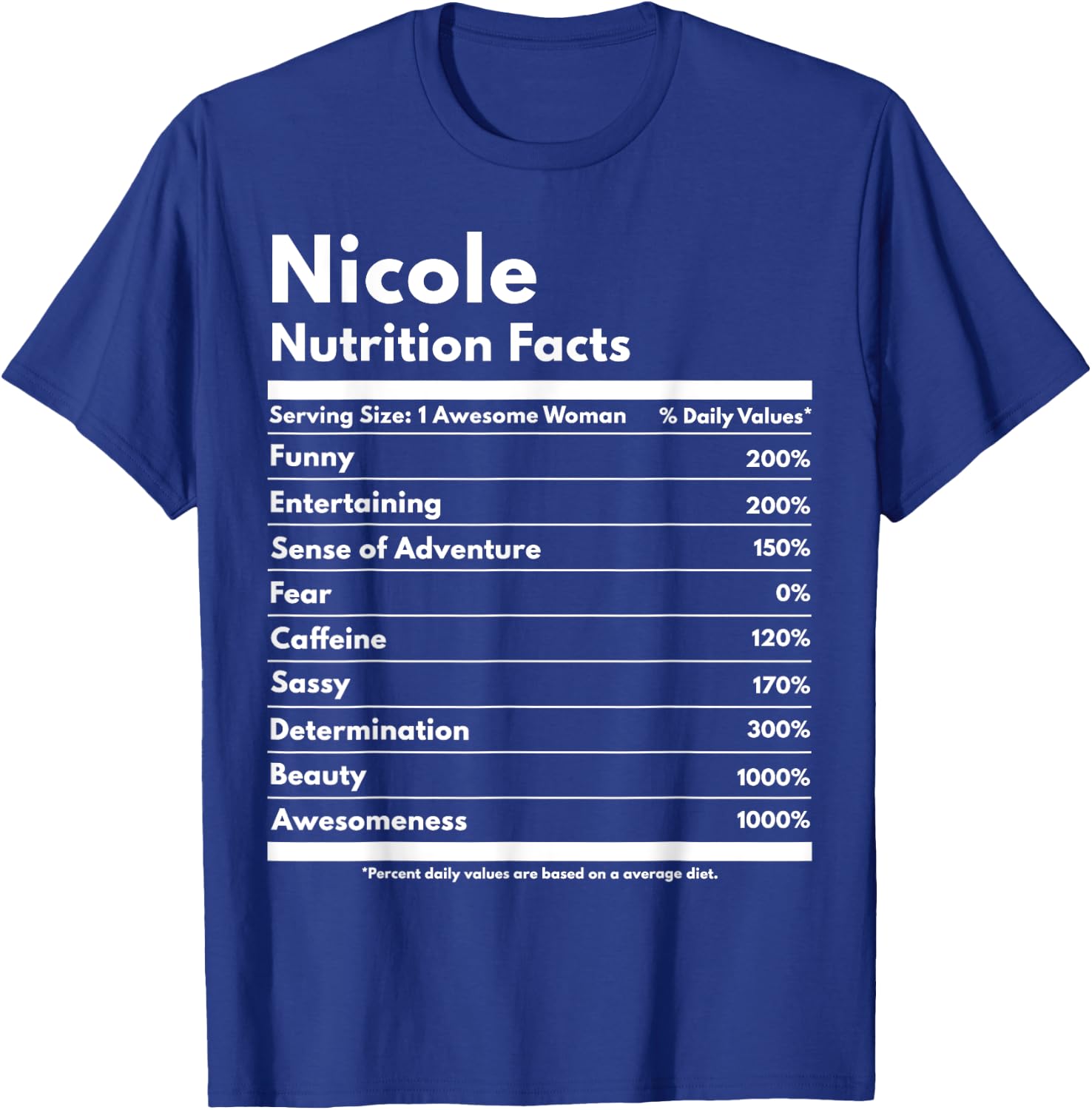 Nicole Nutrition Facts Gift Funny Personalized Name Nicole T-Shirt - T-Shirt | Royal