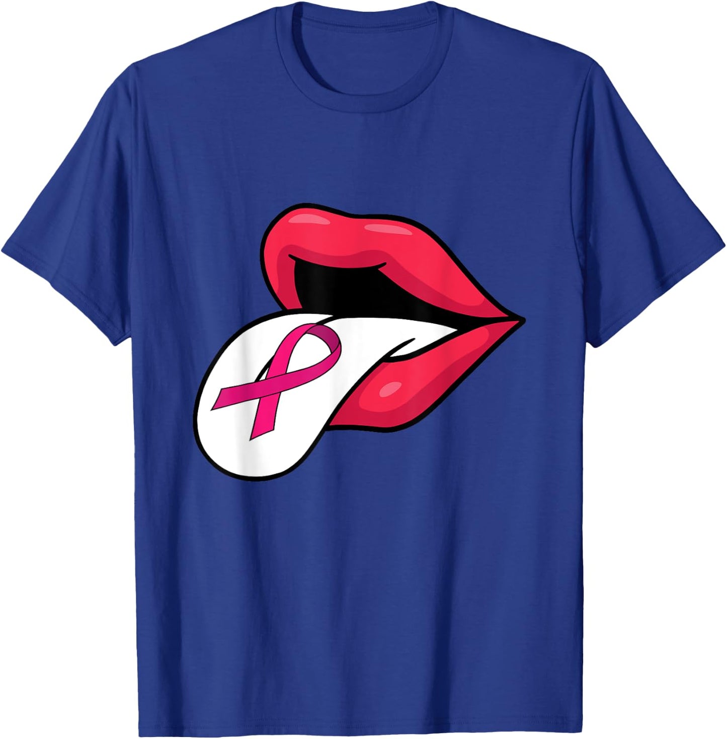 Pink Ribbon Tongue Out Breast Cancer Awareness Funny Lips T-Shirt - T-Shirt | Royal