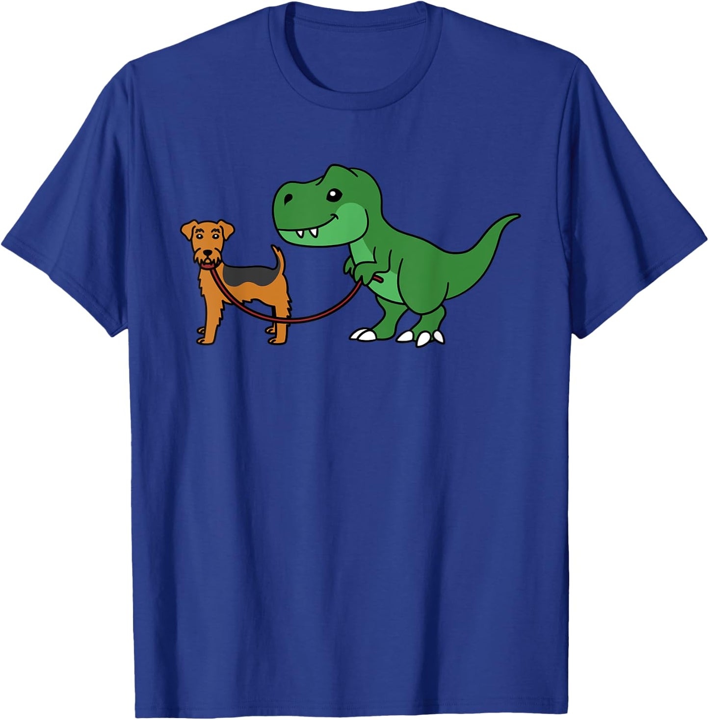 T-Rex Dinosaur Walking Airedale Terrier Funny Dog T-Shirt - T-Shirt | Royal