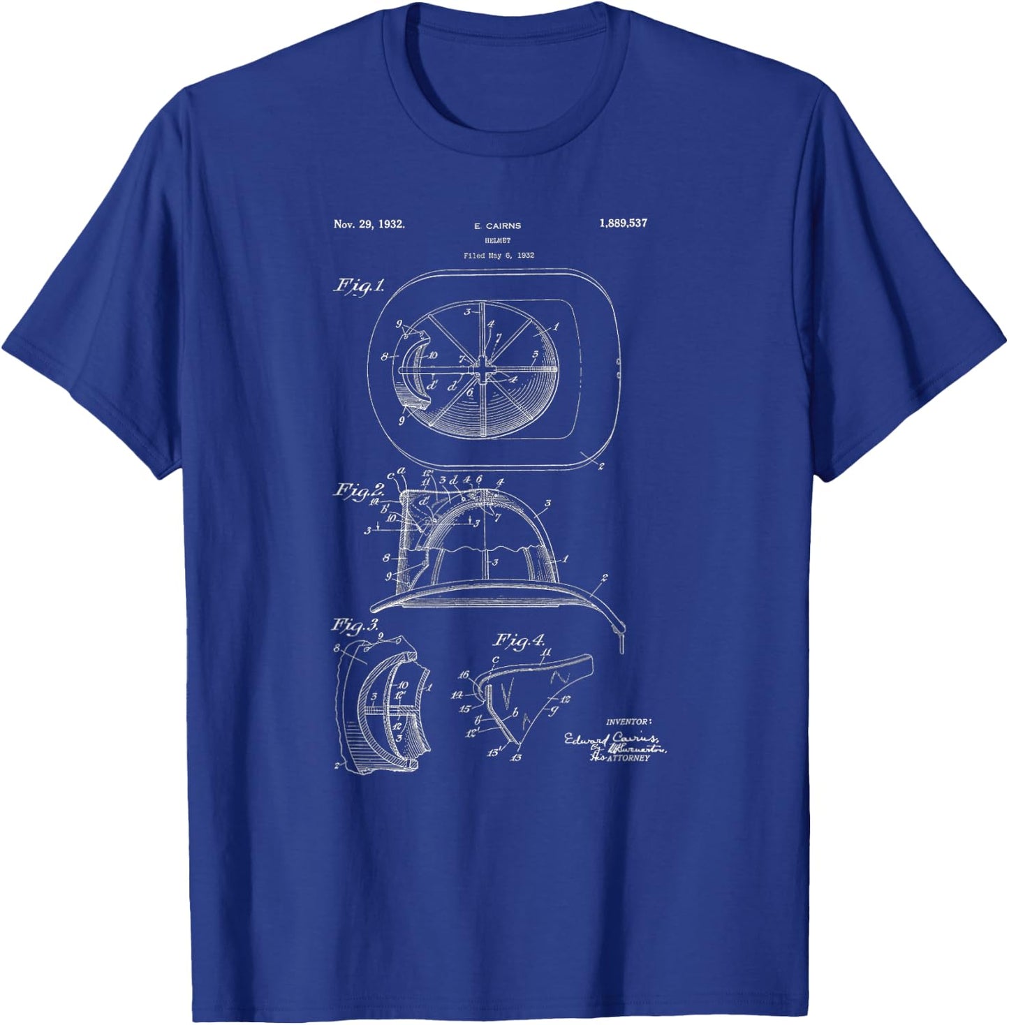 Classic Vintage Patent Print 1932 Firefighter Helmet T-Shirt - T-Shirt | Royal