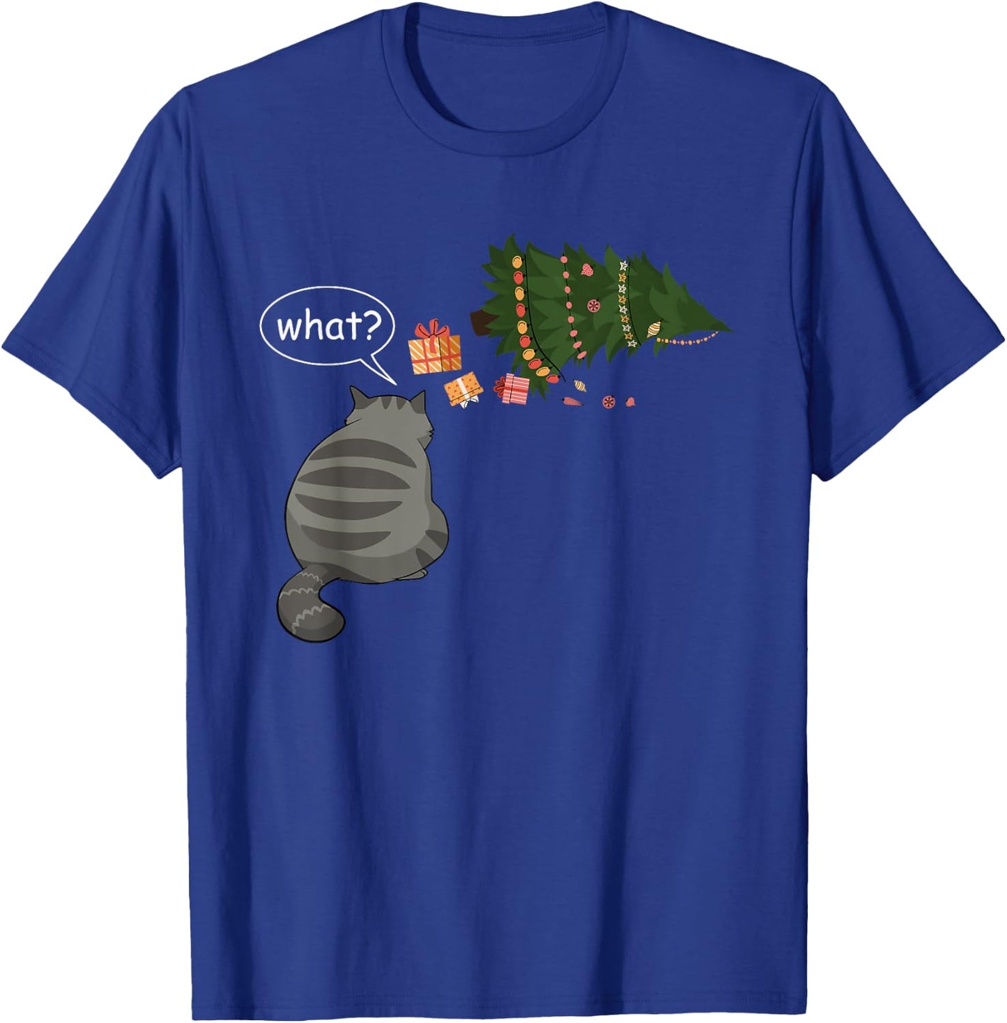 Funny Gray Cat Pushing Christmas Tree Over Cat What? T-Shirt - T-Shirt | Royal
