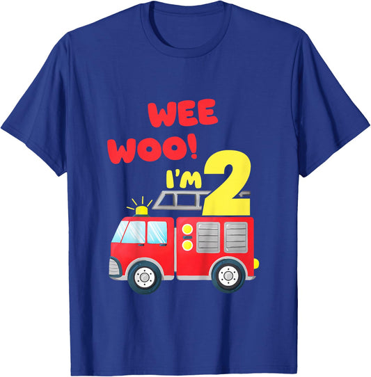 Wee Woo I'm 2 Year Old Firefighter Firetruck 2nd Birthday T-Shirt - T-Shirt | Royal