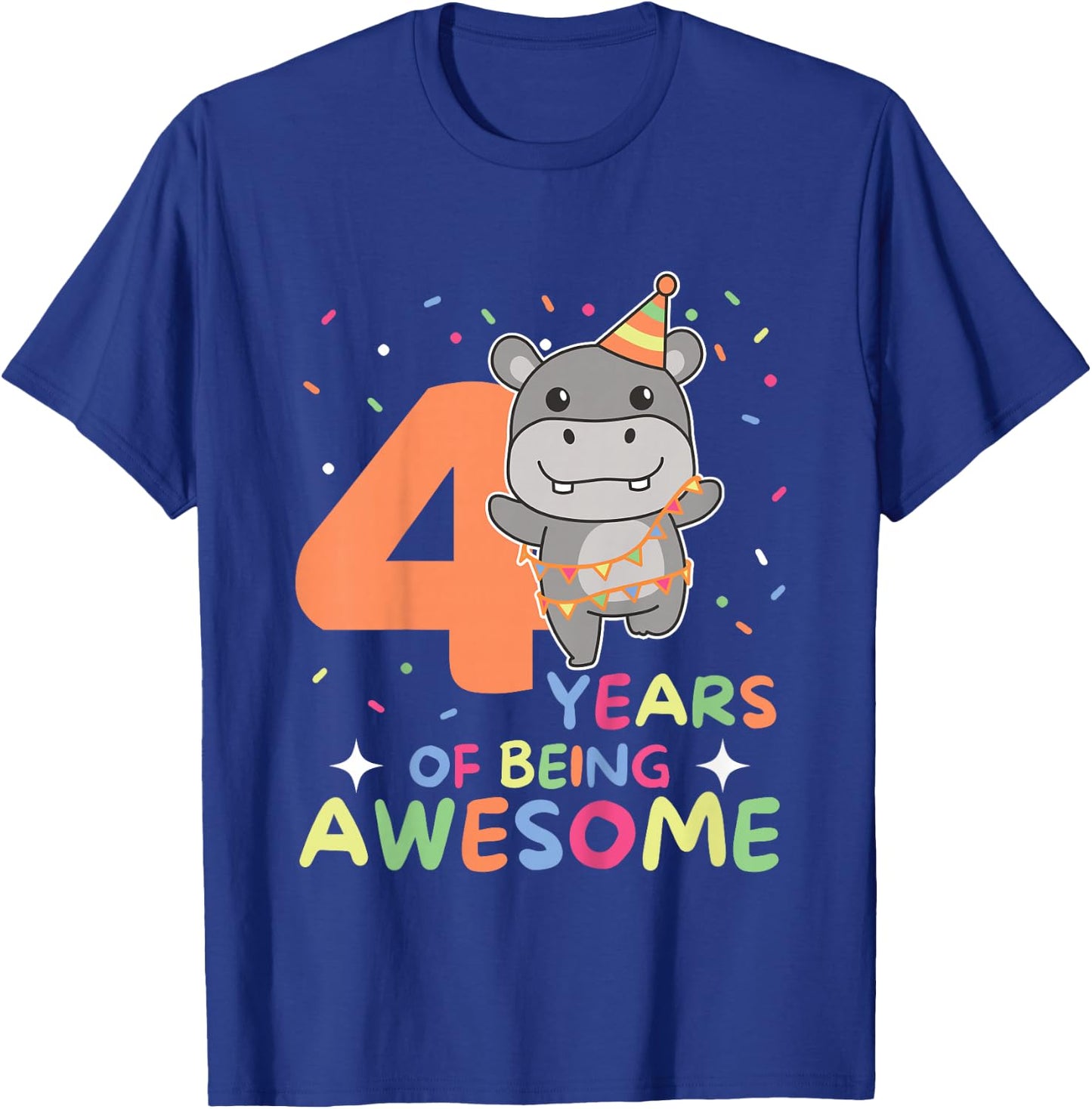 Kids Hippo 4th Birthday For Kids Four Years Old T-Shirt - T-Shirt | Royal
