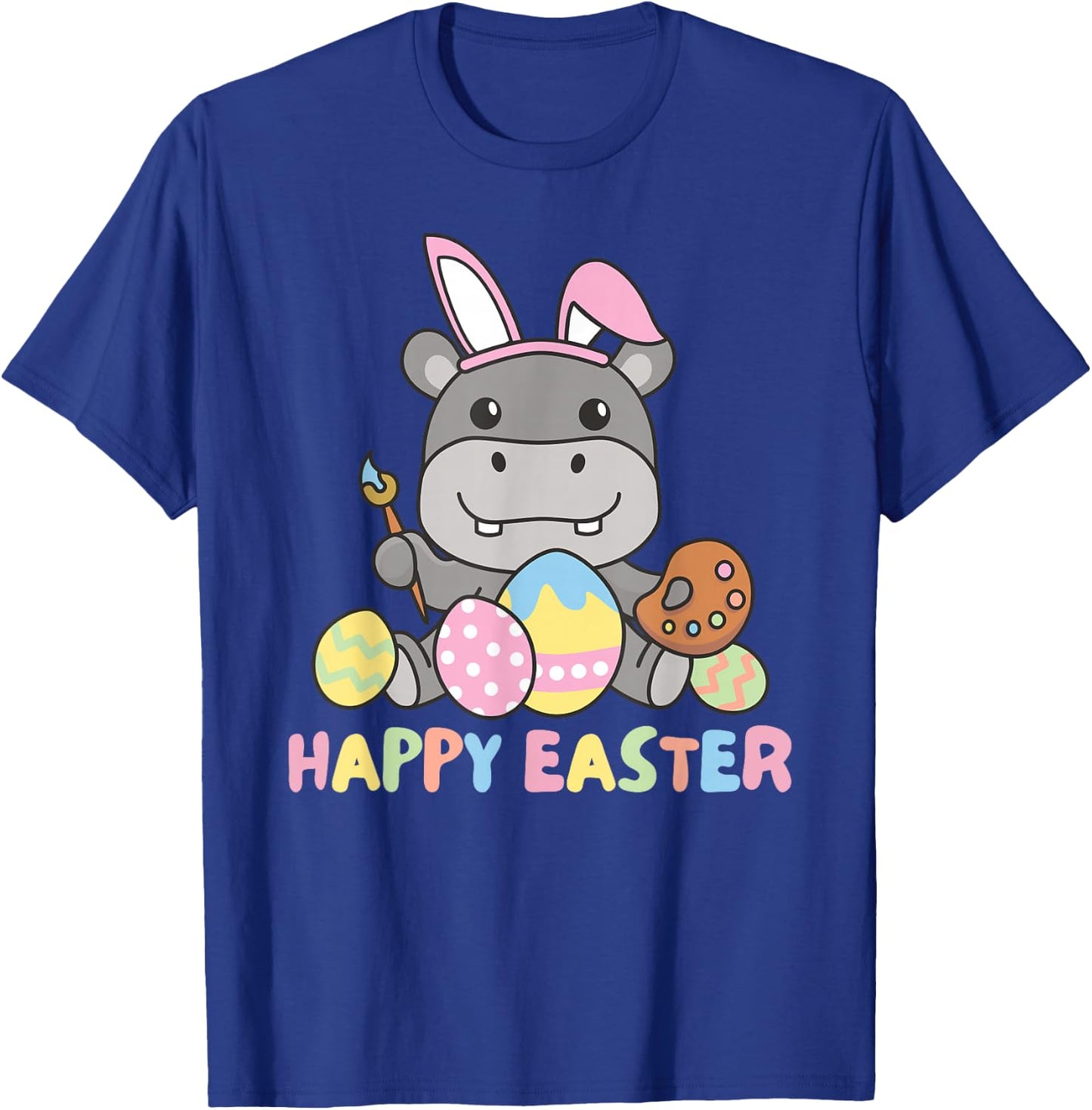 Happy Easter Cute Hippo For Easter With Easter Eggs T-Shirt - T-Shirt | Royal