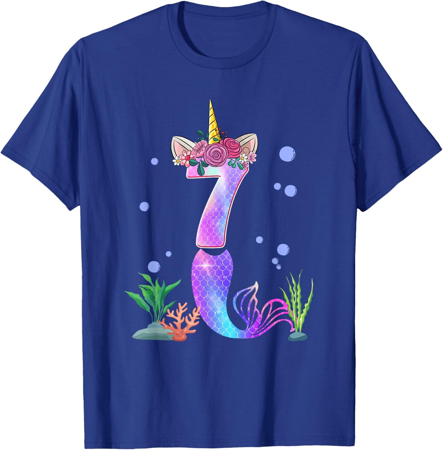 7 Year Old Unicorn Mermaid 7th Birthday Theme Tail Girl T-Shirt - T-Shirt | Royal