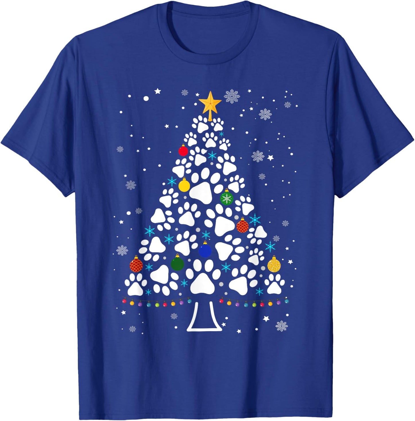 Paw Print Christmas Tree Lights Matching Family Xmas T-Shirt - T-Shirt | Royal