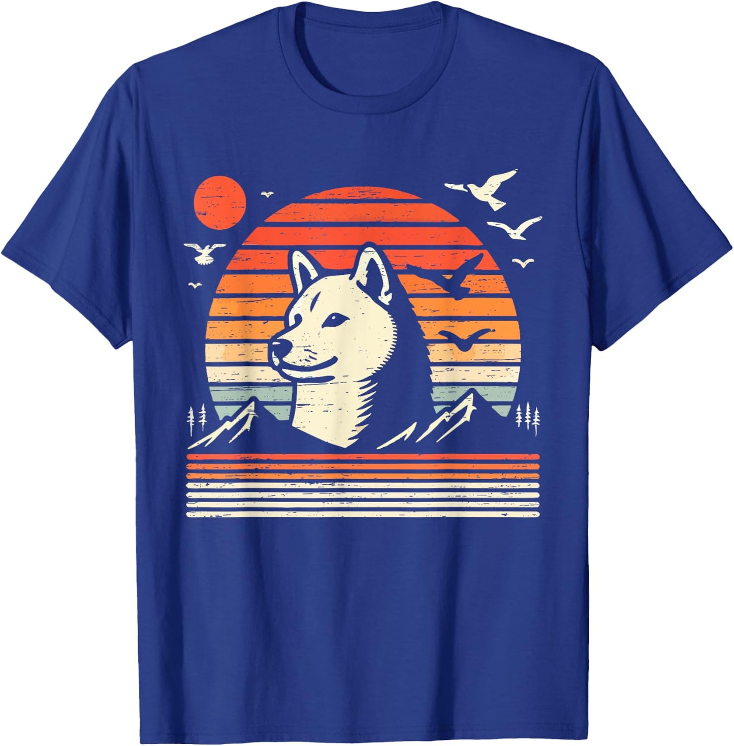 Vintage Shiba Inu Sunset Mountains Birds T-Shirt - T-Shirt | Royal