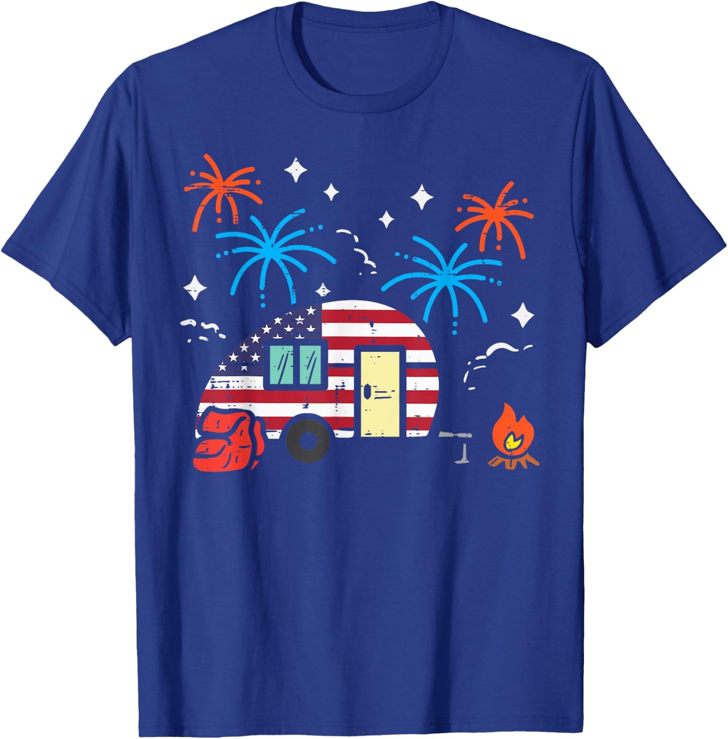 Camping Trailer US Flag Patriotic RV Camper Men Women Kids T-Shirt - T-Shirt | Royal