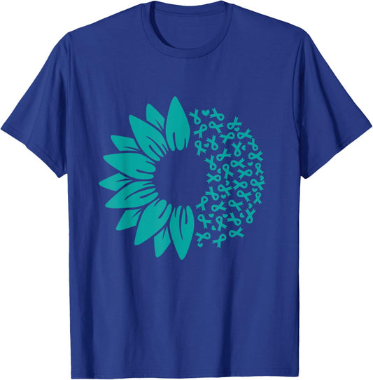 Sunflower Ovarian Cancer Awareness Teal Ribbon T-Shirt - T-Shirt | Royal