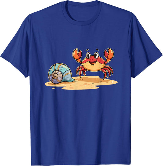 Happy Crab and Seashell Summer Ocean Beach Scene T-Shirt - T-Shirt | Royal