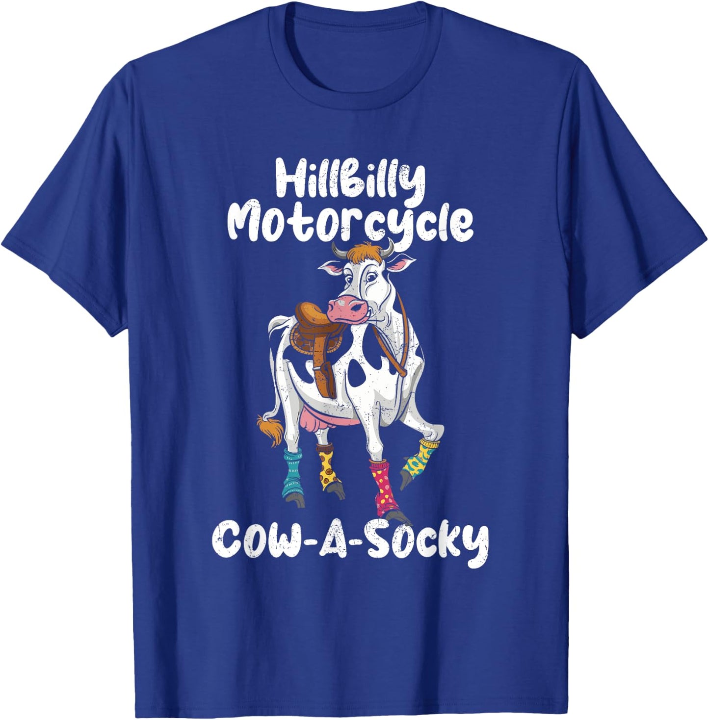 Funny Cow Hillbilly Motorcycle Cow-A-Socky Grunge T-Shirt - T-Shirt | Royal