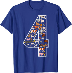 4th Birthday Farm Animals Themed Party 4 Year Old T-Shirt - T-Shirt | Royal