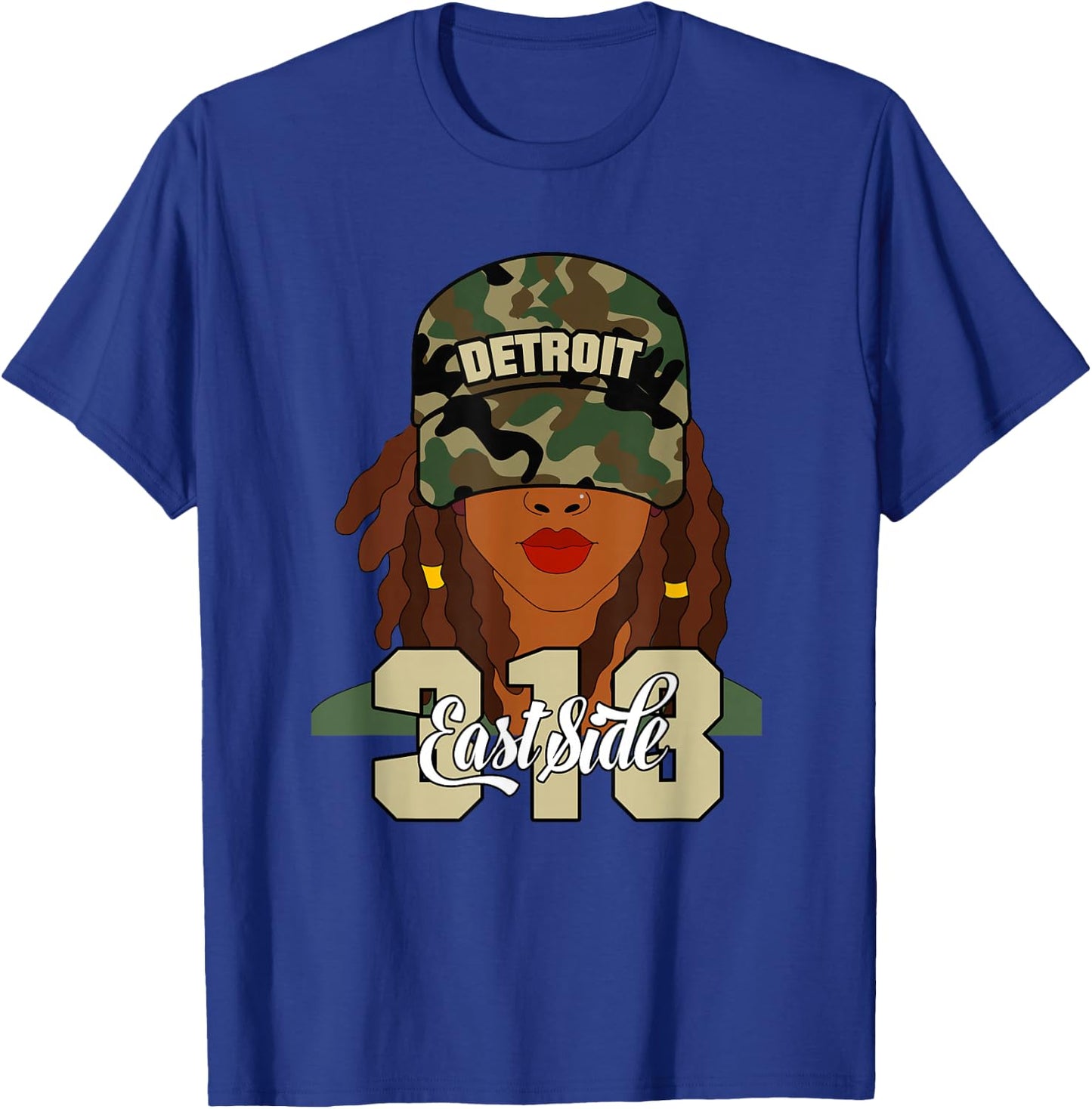 Detroit 313 East Side Hood Black Woman Camo Locs T-Shirt - T-Shirt | Royal