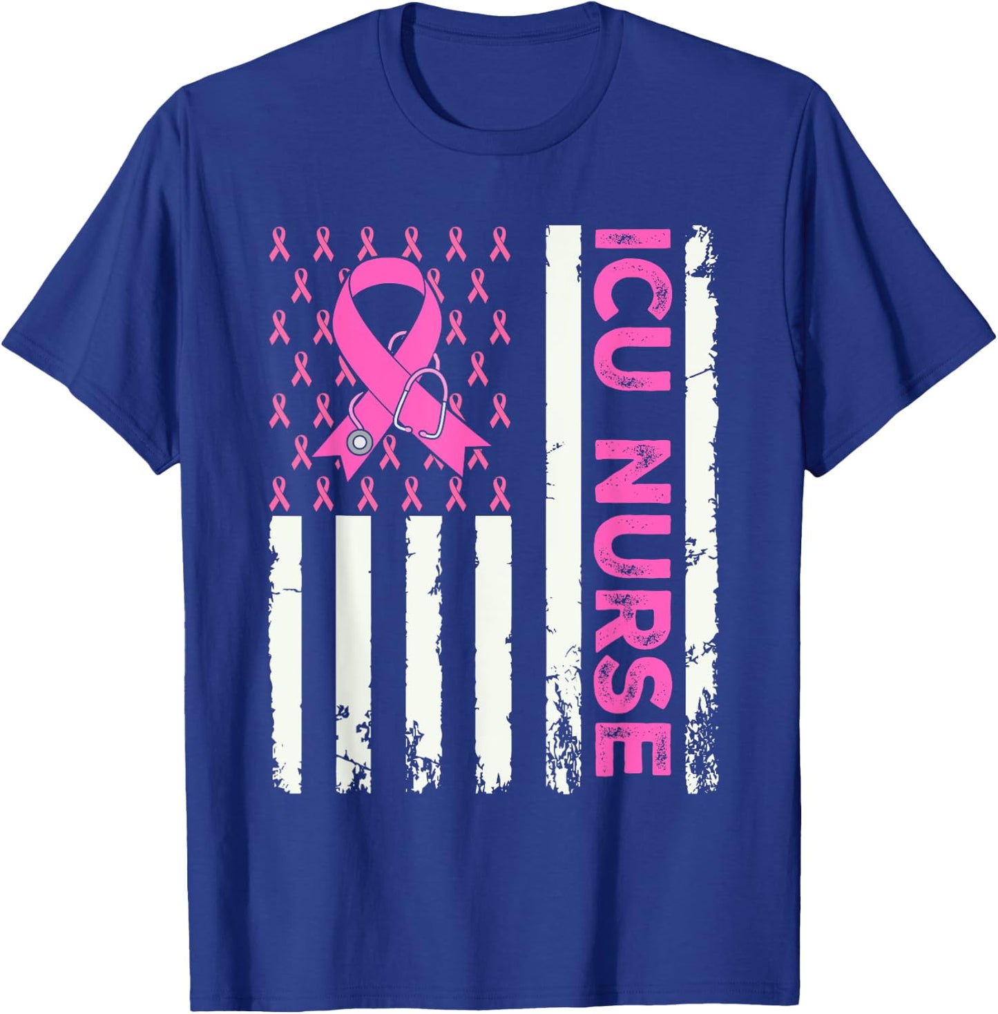 ICU Nurse American Flag Breast Cancer Awareness Pink Ribbon T-Shirt - T-Shirt | Royal