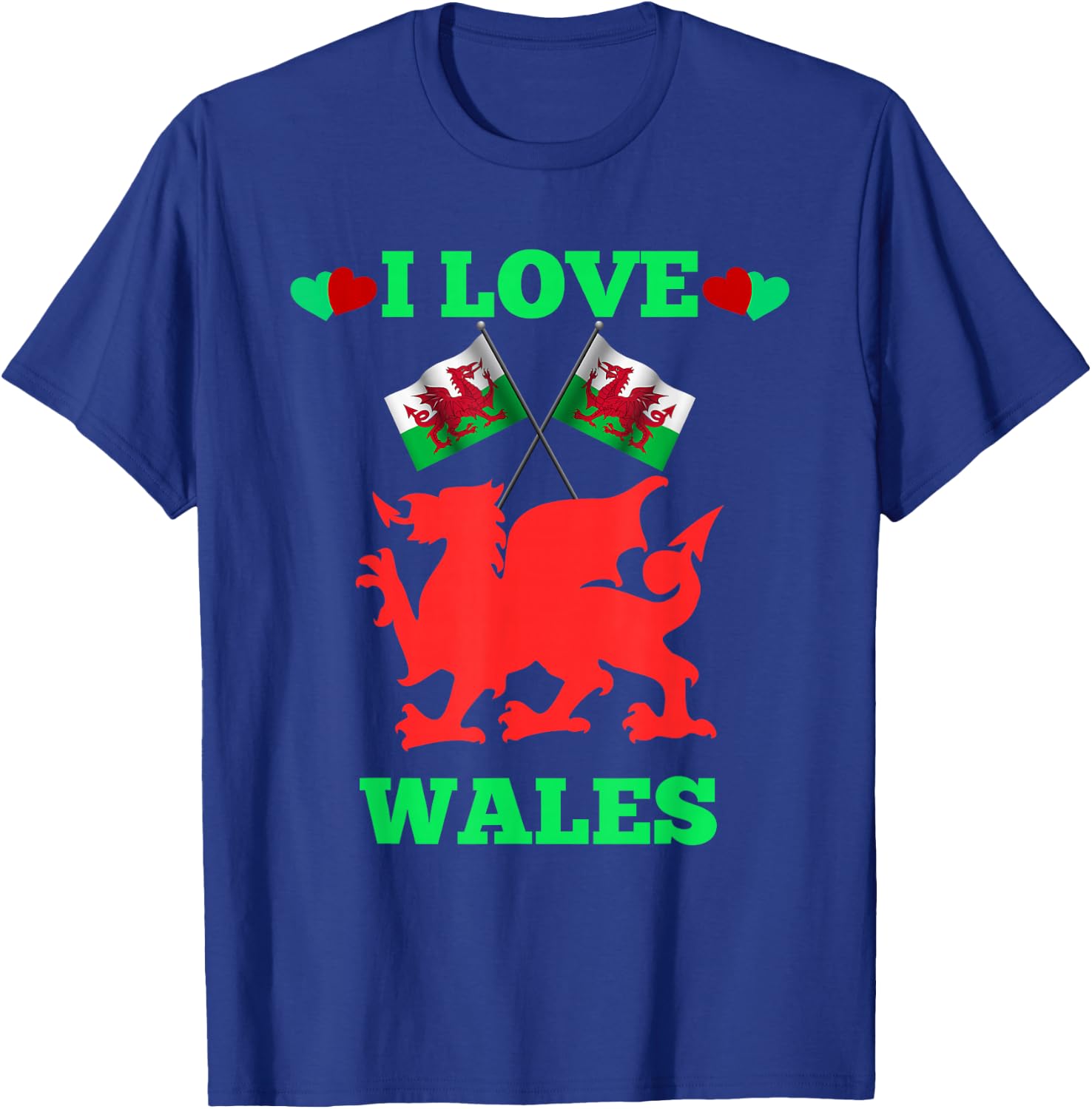 I Love Wales Flags Dragon Hearts T-Shirt - T-Shirt | Royal