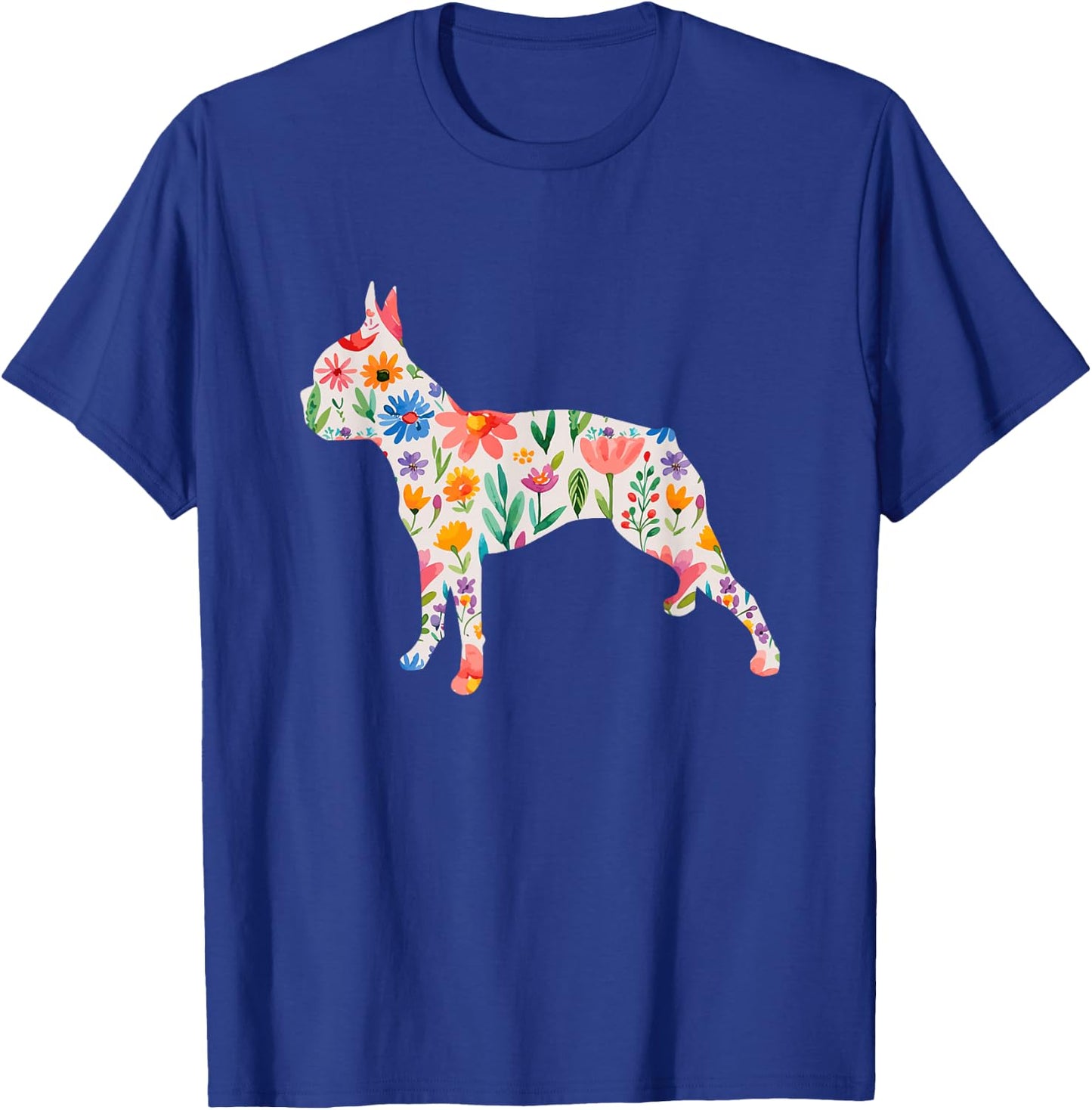 Boston Terrier Watercolour Flowers Design T-Shirt - T-Shirt | Royal