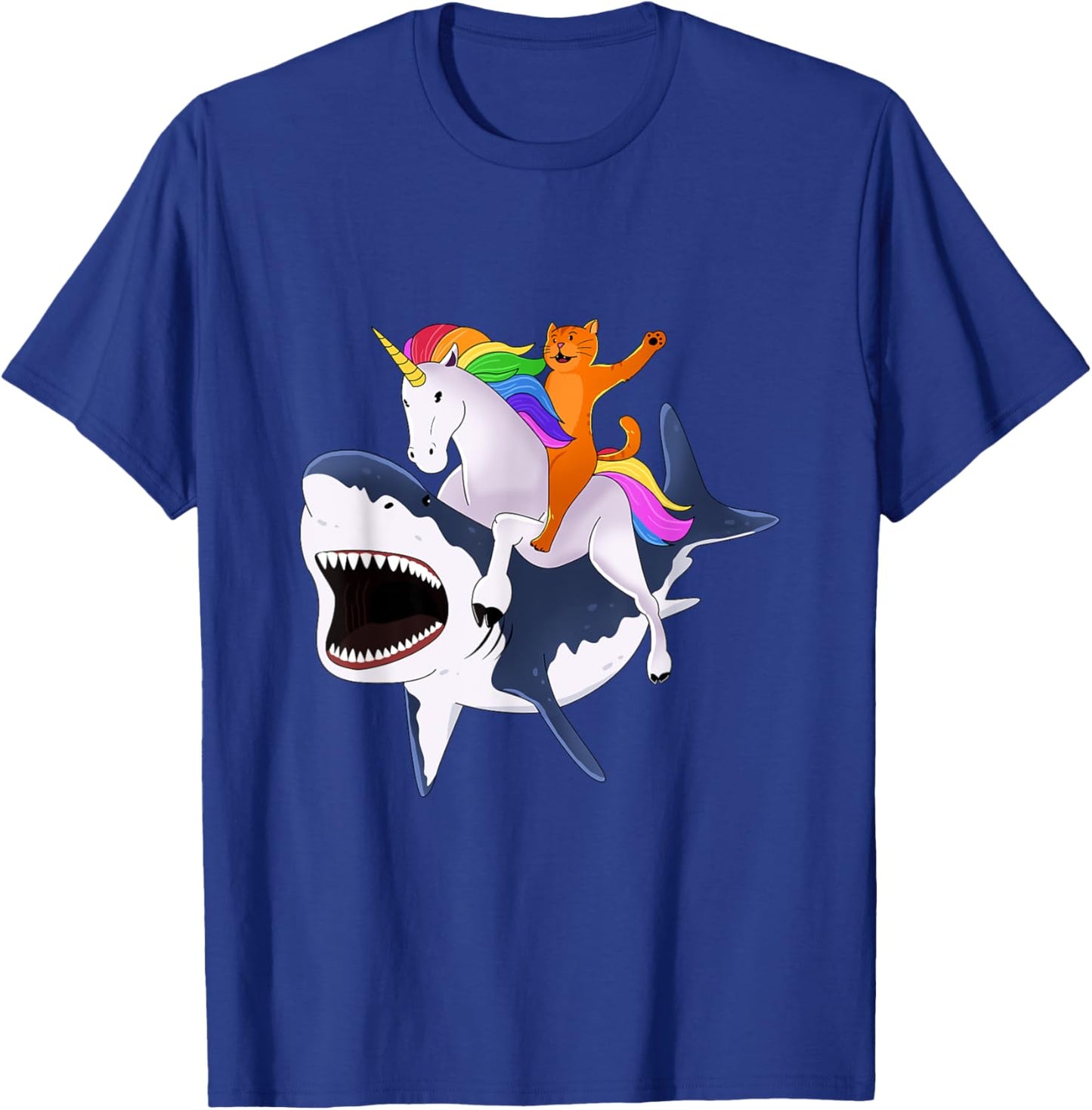 Cat Riding Unicorn Riding Shark Gift Women Girls Kids T-Shirt - T-Shirt | Royal