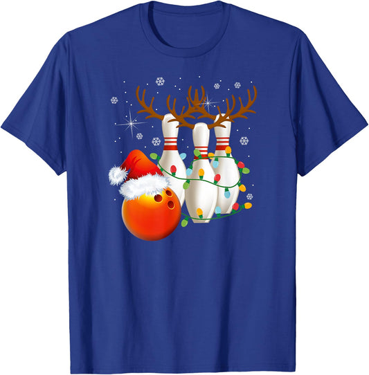 Bowling Gifts Christmas Bowling Santa Hat Christmas Lights T-Shirt - T-Shirt | Royal